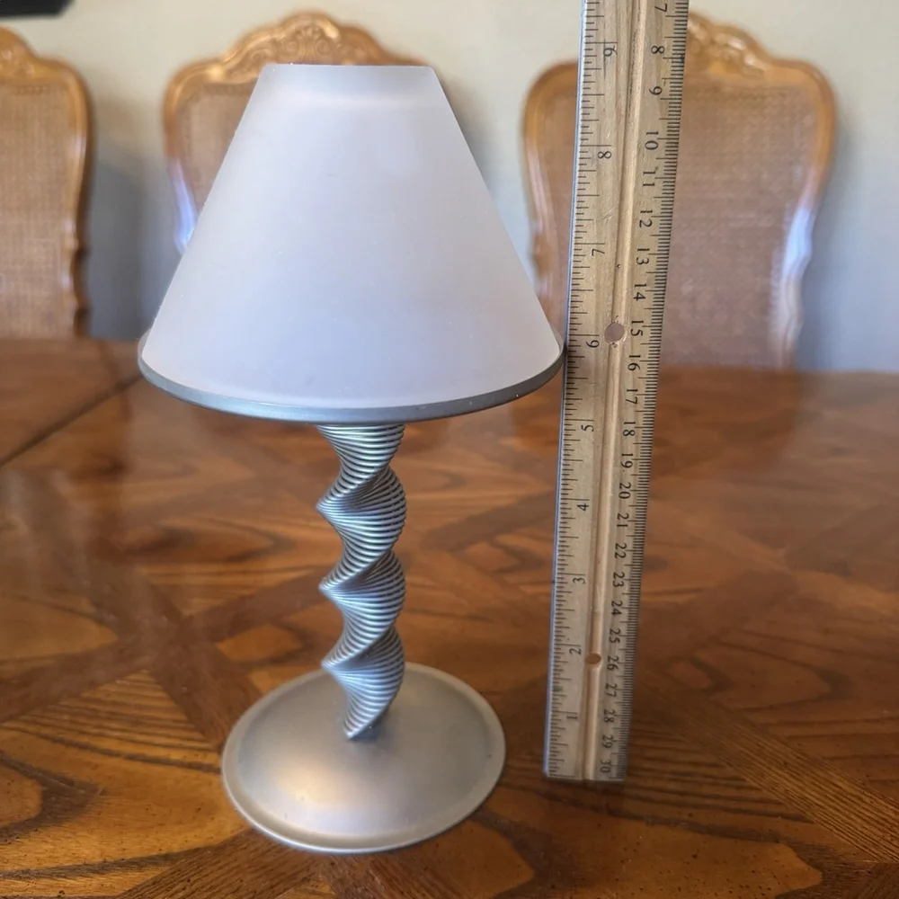 Silver Plated Candlestick Holder With Milk glass Shade Metal Wire Spiral Twist